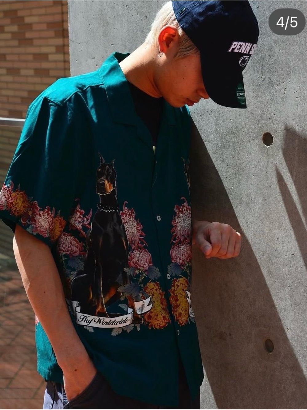 HUF Teal Green Floral & Doberman Short-Sleeve Button-Up Shirt